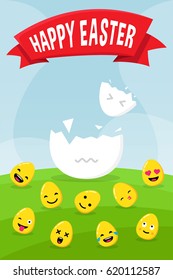 Happy Easter Postcard With Cracked Egg Shell And Egg Emoji On Grass.