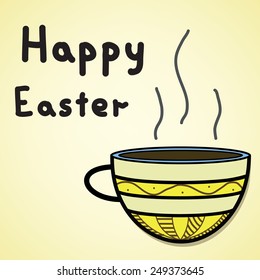 Happy Easter postcard. Cup of tea or coffee as piece of egg. Vector illustration. EPS 10