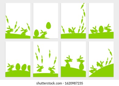 Happy Easter postcard with cute bunny,  rabbit, Easter eggs and carrot in cartoon style. Vector stock illustration. Template greeting card, banner. Holiday green and white background. Copy space.