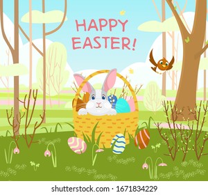 Happy Easter postcard with cute bunny in a wicker basket with Easter eggs and willow branches, spring landscape at the background. Cartoon vector illustration.