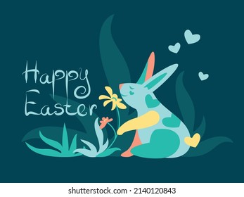 Happy Easter postcard. Cute bunny. Forest mood. 
