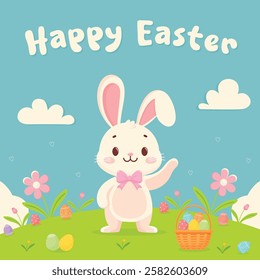 Happy Easter postcard with cute bunny and Easter eggs flat vector illustration