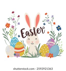 Happy Easter postcard. Cute bunny with eggs and flowers.