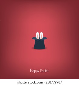 Happy Easter postcard design. Bunny ears in magician or illusionist hat. Hiding rabbit, red background. Eps10 vector illustration.