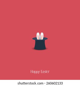 Happy Easter postcard design. Bunny ears in magician or illusionist hat. Hiding rabbit, red background. Eps10 vector illustration.