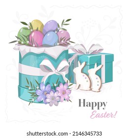 Happy Easter postcard design with eggs, gingerbread, flowers and gift box. Fashion illustration. Holiday banner, web poster, flyer, stylish brochure, blue greeting card Vector illustration