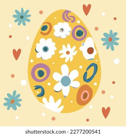 Happy Easter postcard with egg and floral decoration. Trendly design in modern minimal cartoon style. Funny vector illustration for greeting card, poster, banner. Wealth, religion symbol.