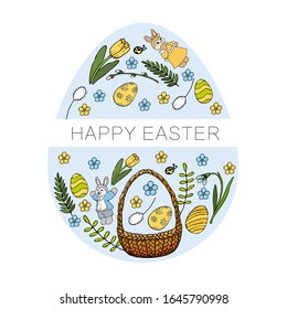 Happy easter postcard with egg shape space and cartoon objects inside: cute flowers, eggs, and rabbits. Vector illustration for celebration.