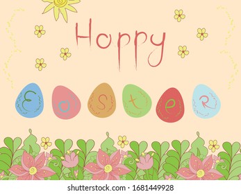 Happy easter postcard with eggs, birds and flowers, vector