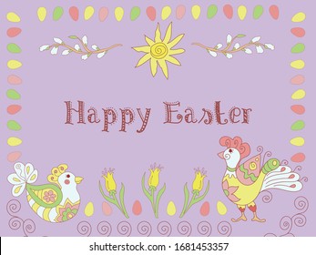 Happy easter postcard with eggs, birds and flowers, vector