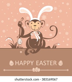 Happy Easter! Postcard with a funny monkey with rabbit ears mask.
