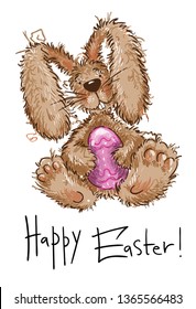 Happy Easter postcard with funny rabbit, flat vector, EPS10