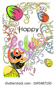Happy. Easter. Postcard with hand-drawn graphics. Painted multicolored eggs on a bright background with floral ornaments.