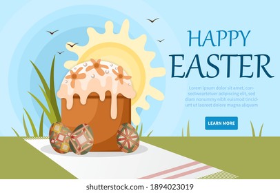 Happy easter postcard. Landscape with realistic eggs, flowers and cake. Website, web page, landing page template. Flat cartoon vector illustration