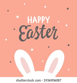 Feliz postal de Pascua con orejas con letras y conejitos. 