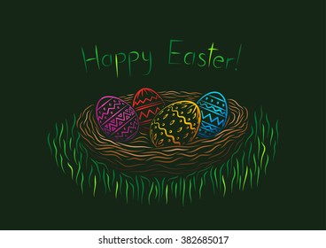 Happy easter postcard. Ornamental Easter eggs in a nest.