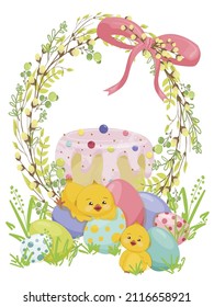 Happy Easter postcard, poster with funny chickens, realistic Easter eggs, Easter cake, in a wreath of willow branches and young leaves with bow.