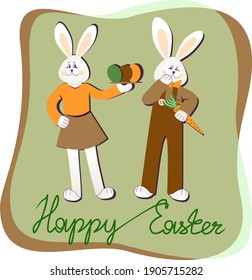 Happy Easter postcard rabbit, eggs, carrot, one line text