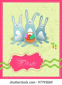 Happy Easter postcard with rabbits and basket