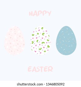 Happy Easter postcard, set of three eggs with abstract patterns. Easter holidays celebration decor.