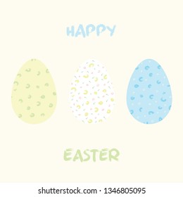 Happy Easter postcard, set of three eggs with abstract patterns. Easter holidays celebration decor.