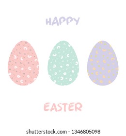 Happy Easter postcard, set of three eggs with abstract patterns. Easter holidays celebration decor.