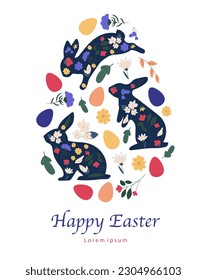 Postal feliz de Pascua. Siluetas de conejos con huevos y plantas de colores. Fiesta religiosa internacional de primavera tradicional y festival. Afiche o pancarta. Dibujo vectorial plano de dibujos animados