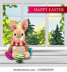 Happy Easter, postcard with spring landscape from the window of the house and Easter bunny