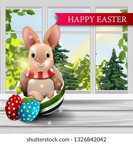 Happy Easter, postcard with spring landscape from the window of the house and Easter Bunny in egg
