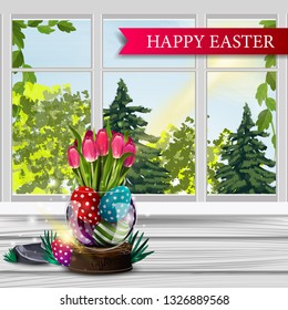 Happy Easter, postcard with spring landscape from the window of the house, vase with Easter eggs and tulips