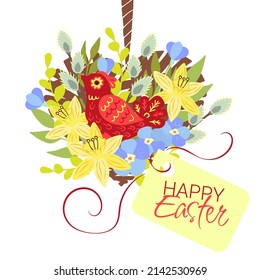 Happy Easter postcard. Trendy Easter design with typography, hand drawn. Easter composition a heart made of twigs with flowers, branches, willow. Horizontal poster, postcard, header for website