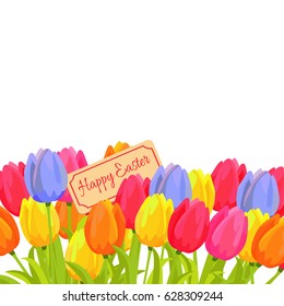 Happy Easter postcard with tulips and sign board for your text among beautiful flowers. Spring postcard with editable place for congratulations, red, yellow and blue and orange plants isolated vector