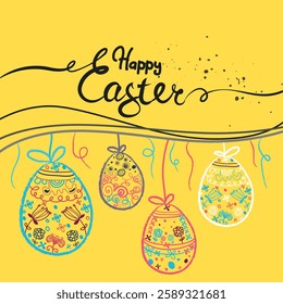 Happy Easter postcard. Vector trendy Easter design with typography, hand painted eggs, dots on the yellow background. Modern minimal style. Horizontal poster, greeting card, header for website, app.
