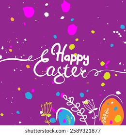 Happy Easter postcard. Vector trendy Easter design with typography, hand painted eggs, dots on the violet background. Modern minimal style. Poster, greeting card, header for website, app, social media