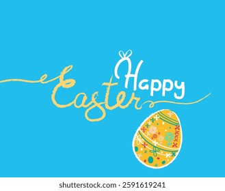 Happy Easter postcard. Vector trendy Easter design with typography, hand painted egg on the bright blue background Modern minimal style Horizontal poster, greeting card, header for website, app Eps 10