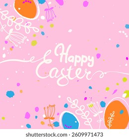 Happy Easter postcard. Vector trendy Easter design with typography, hand painted eggs, dots on the pink background. Modern minimal style. Poster, greeting card, header for website, app, social media