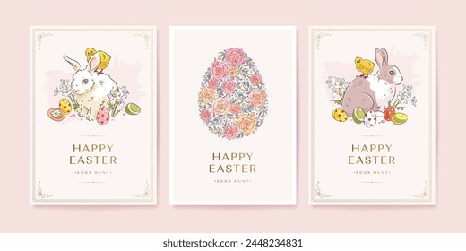 Happy easter postcard, web banner, poster, flyer or greeting card set with hand drawn easter bunny, easter egg, chicken and flowers. Vector illustration