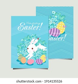 Happy easter postcard with white funny bunny and eggs on blue background