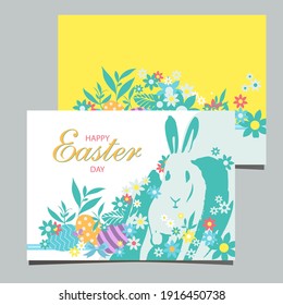 Postal feliz de Pascua con conejo blanco y huevos de colores 