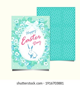 Frohe Osterpostkarte mit weißem Kaninchen und Ei in Blumen