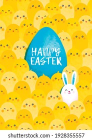 Happy easter postcard wit blue egg, cute yellow little chick and white rabbit