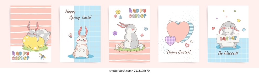 Happy Easter postcards design template set. Vector easter bunnies and hearts on blue and pink background covers.