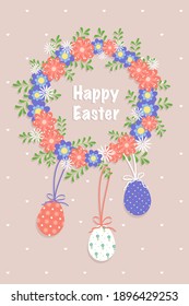 Happy Easter postcards. Festive decoration with spring elements, flowers and eggs. Vector flat illustration