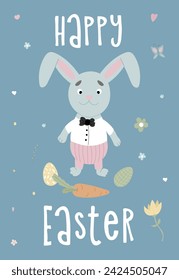 Happy Easter postcards. A set of vector Easter illustrations. Easter eggs, rabbit. Perfect for a poster, cover, or postcard