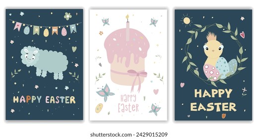 Happy Easter postcards. A set of vector Easter illustrations. Easter cake, lamb, chicken. Perfect for a poster, cover, or postcard