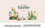 Happy Easter poster with 3d render Easter eggs and bunny in flowers field, egg hunting, game banner