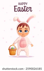 Happy Easter poster with adorable baby in bunny costume with Easter egg in basket. Cartoon illustration.