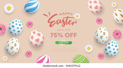 Happy Easter poster background or banner design with coloful Easter eggs with cute pattern and tulip flowers. Greetings Promotion and shopping template for Easter sunday