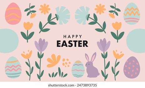 Happy Easter poster banner. A colorful Easter poster with flowers and eggs. The poster is decorated with a rabbit and a flower.