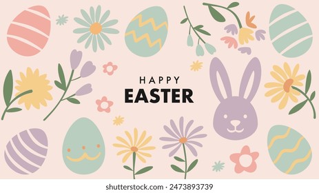 Happy Easter poster banner. A colorful Easter poster with flowers and eggs. The poster is decorated with a rabbit and a flower.